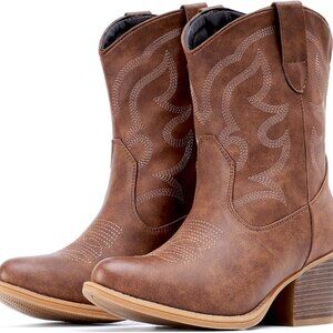 Women's Suede Cowgirl Boots Wide Fit Mid Calf Western Pointed Toe